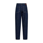 Mørkeblå barrel jeans fra Mos Mosh set bagfra med to baglommer og brunt mærke på linningen
