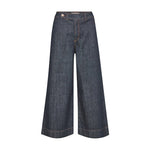 Mørkeblå wide leg jeans fra Mos Mosh set forfra med knap i livet og kontrastsømme