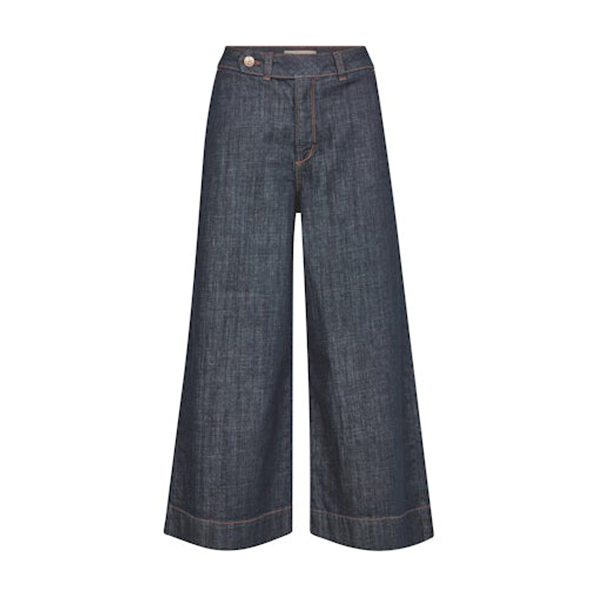 Mørkeblå wide leg jeans fra Mos Mosh set forfra med knap i livet og kontrastsømme