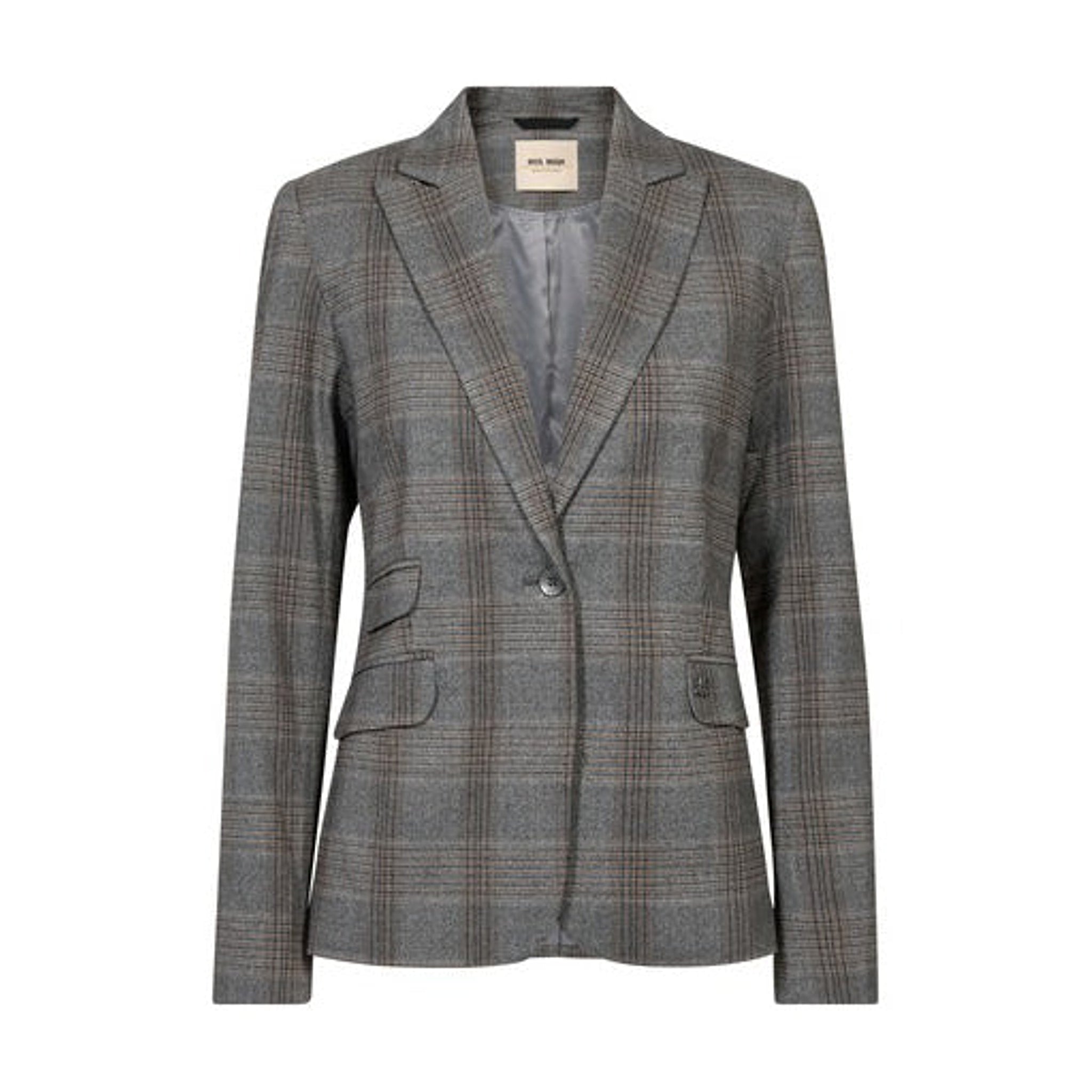 Grå ternet blazer fra Mos Mosh med reverskrave, én knap og lommer med klap set forfra