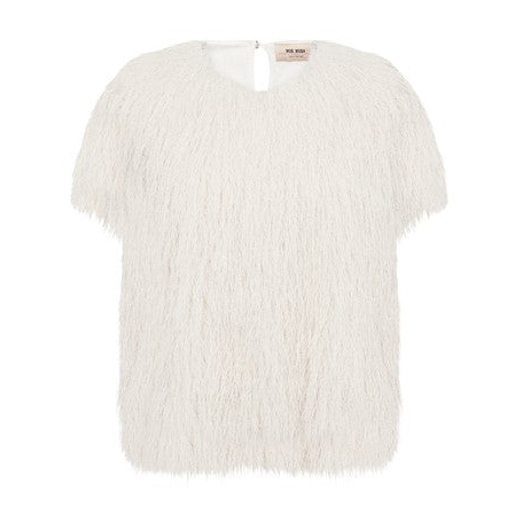 Hvid t-shirt i faux fur fra Mos Mosh med korte ærmer og rund hals, set forfra
