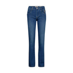 Mellemblå straight jeans fra Mos Mosh set forfra med lyse kontrastsømme og vedhæng ved forlommen