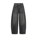 Grå barrel jeans fra Mos Mosh med vasket look og buede sømme, set forfra