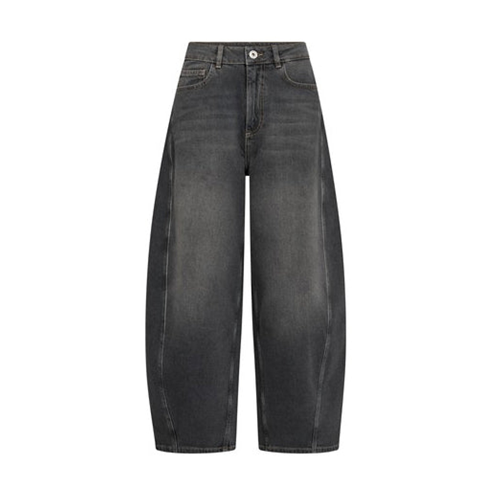 Grå barrel jeans fra Mos Mosh med vasket look og buede sømme, set forfra