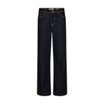 Mørkeblå wide leg jeans fra Mos Mosh med lyse kontrastsømme set forfra