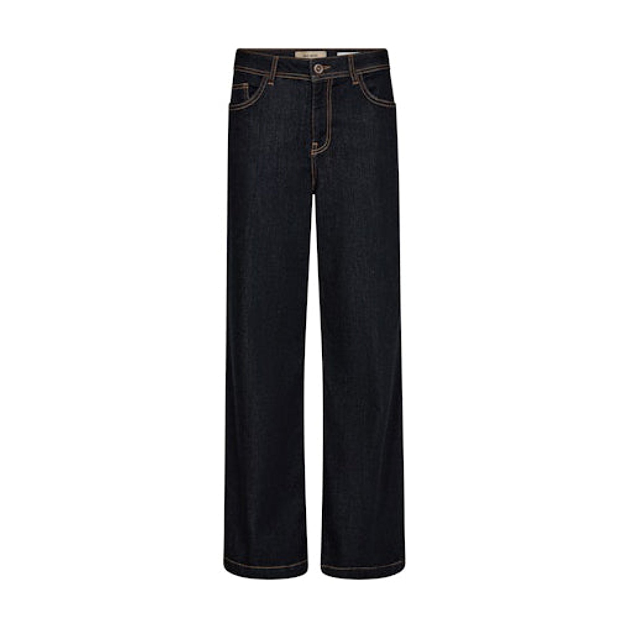 Mørkeblå wide leg jeans fra Mos Mosh med lyse kontrastsømme set forfra