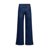 Blå wide leg jeans Dara Hera i Deep Blue set bagfra med baglommer og brunt mærke på linningen