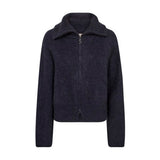 Hulda navy cardigan fra Mos Mosh i mohairblanding med lynlås og bred krave set forfra
