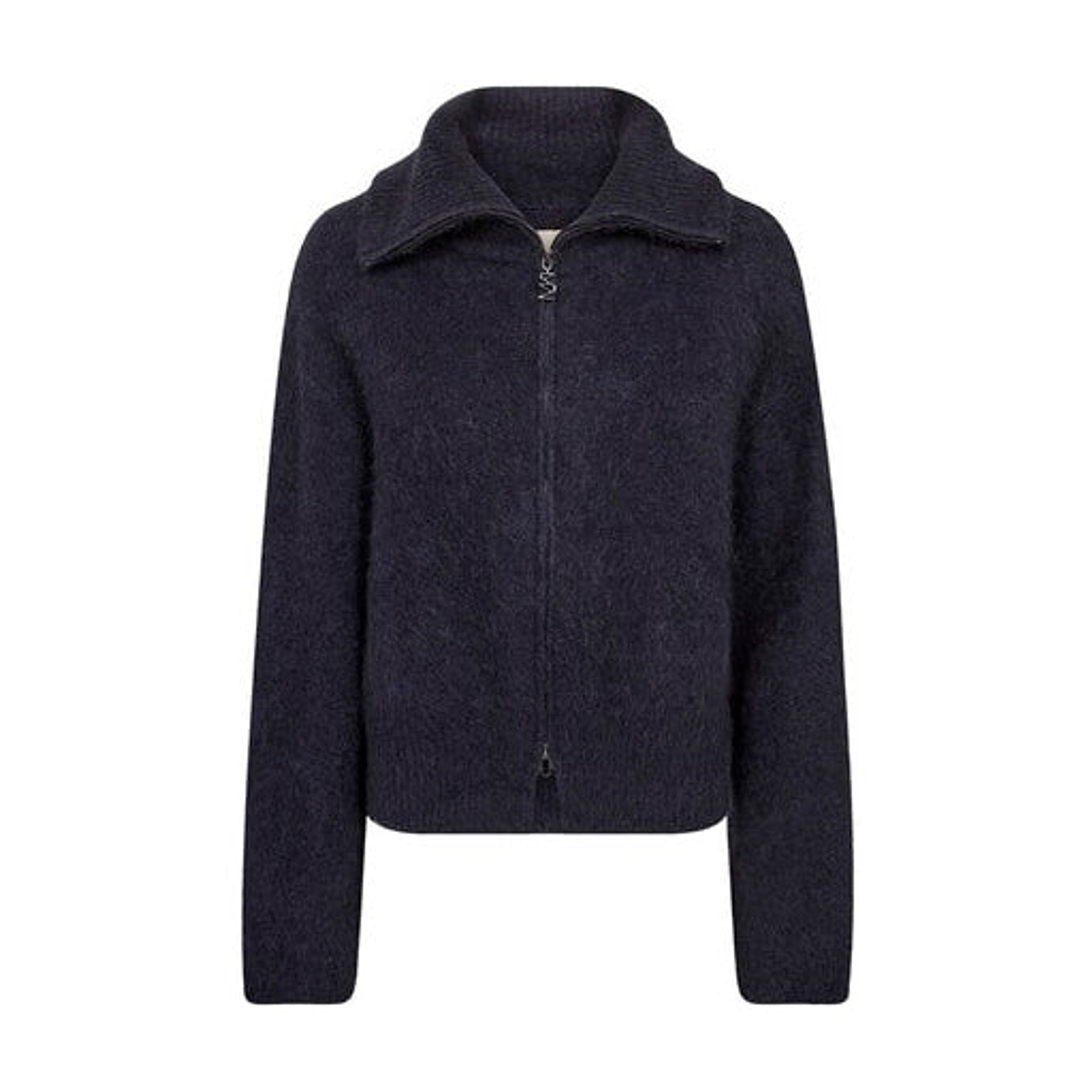 Hulda navy cardigan fra Mos Mosh i mohairblanding med lynlås og bred krave set forfra
