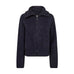 Hulda navy cardigan fra Mos Mosh i mohairblanding med lynlås og bred krave set forfra