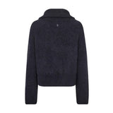Hulda navy cardigan fra Mos Mosh set bagfra med foldet krave og ribkant forneden