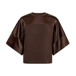 Brun Lela satin sweatshirt fra Mos Mosh forfra med rund hals, vide korte ærmer og blanke satinpaneler