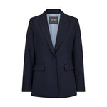 Navy blazer fra Mos Mosh forfra med revers, én knap, lommer med klap og lyseblåt for
