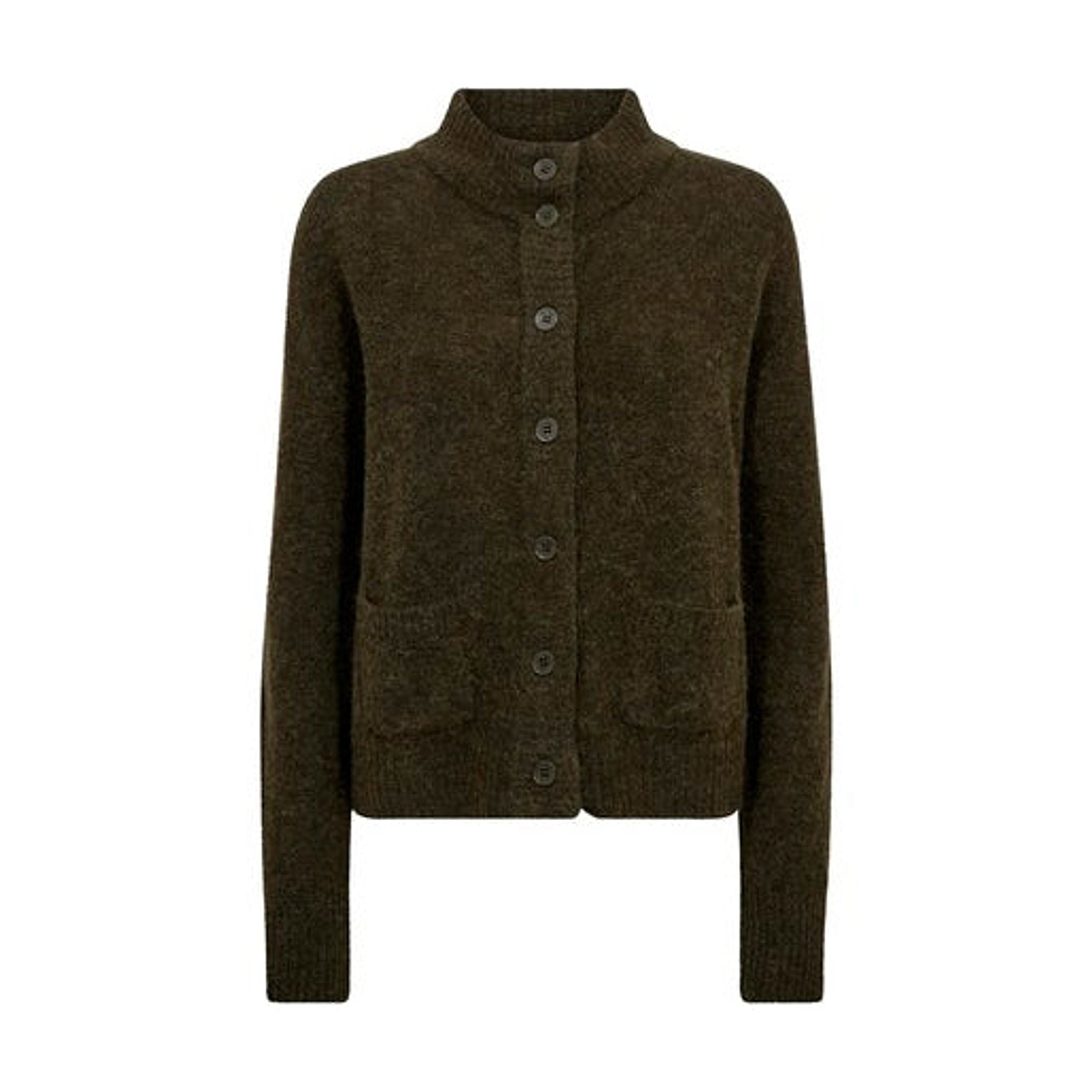 Grøn Mape Knit Cardigan fra Mos Mosh i farven Rosin forfra med høj krave, knapper og to lommer foran