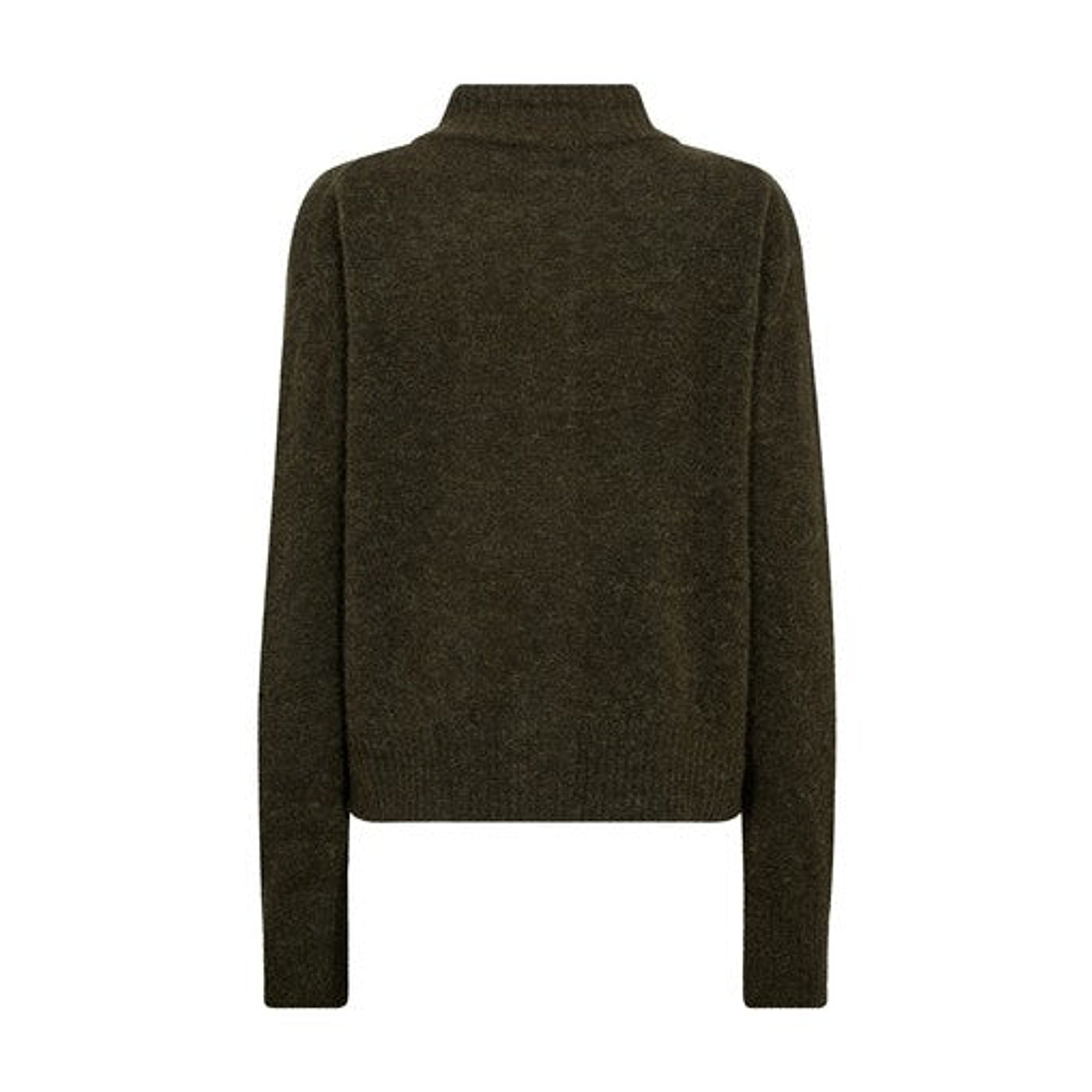 Grøn strikket cardigan fra Mos Mosh i Rosin set bagfra med høj krave og ribkant forneden og ved ærmerne