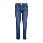 Blå slim jeans Naomi Jenny fra Mos Mosh set forfra med mønstret kant ved forlommerne og opsmøg