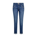 Blå slim jeans Naomi Jenny fra Mos Mosh set forfra med mønstret kant ved forlommerne og opsmøg