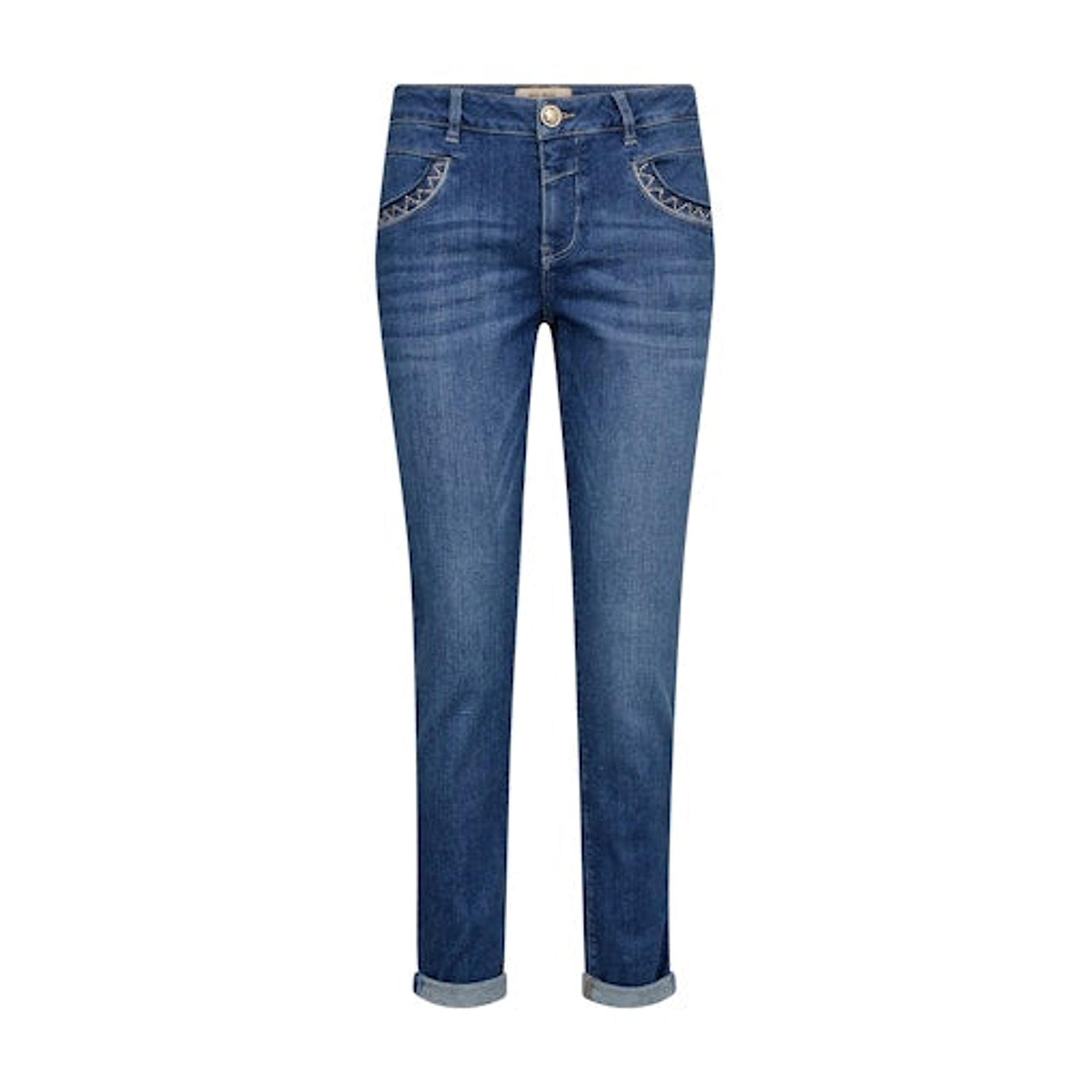 Blå slim jeans Naomi Jenny fra Mos Mosh set forfra med mønstret kant ved forlommerne og opsmøg