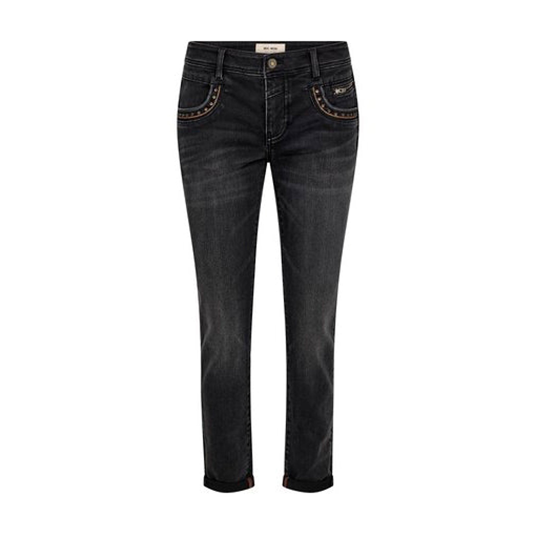 Grå slim jeans fra Mos Mosh forfra med nitter langs forlommerne og opsmøgede ben