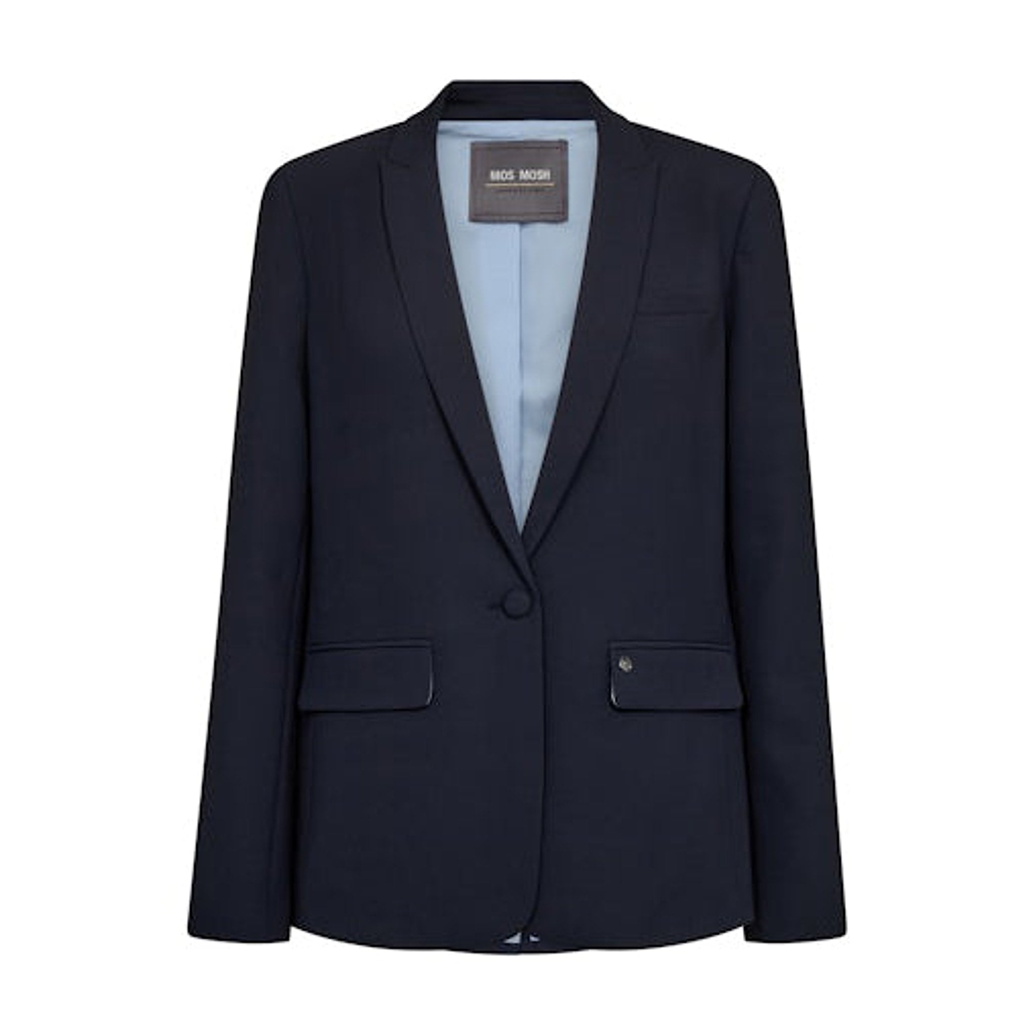 Navy blazer fra Mos Mosh forfra med revers, én knap, lommer med klap og lyseblåt for