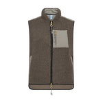Grøn teddy vest i Dusty Olive set forfra med høj krave, lynlås og lys brystlomme med lynlås