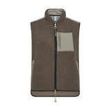 Grøn teddy vest i Dusty Olive set forfra med høj krave, lynlås og lys brystlomme med lynlås