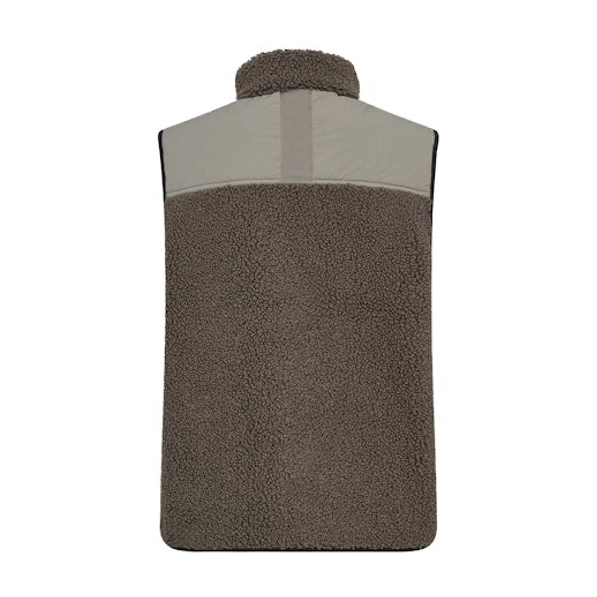 Grøn teddy vest i Dusty Olive set bagfra med glat stofparti i en lysere nuance over ryggen