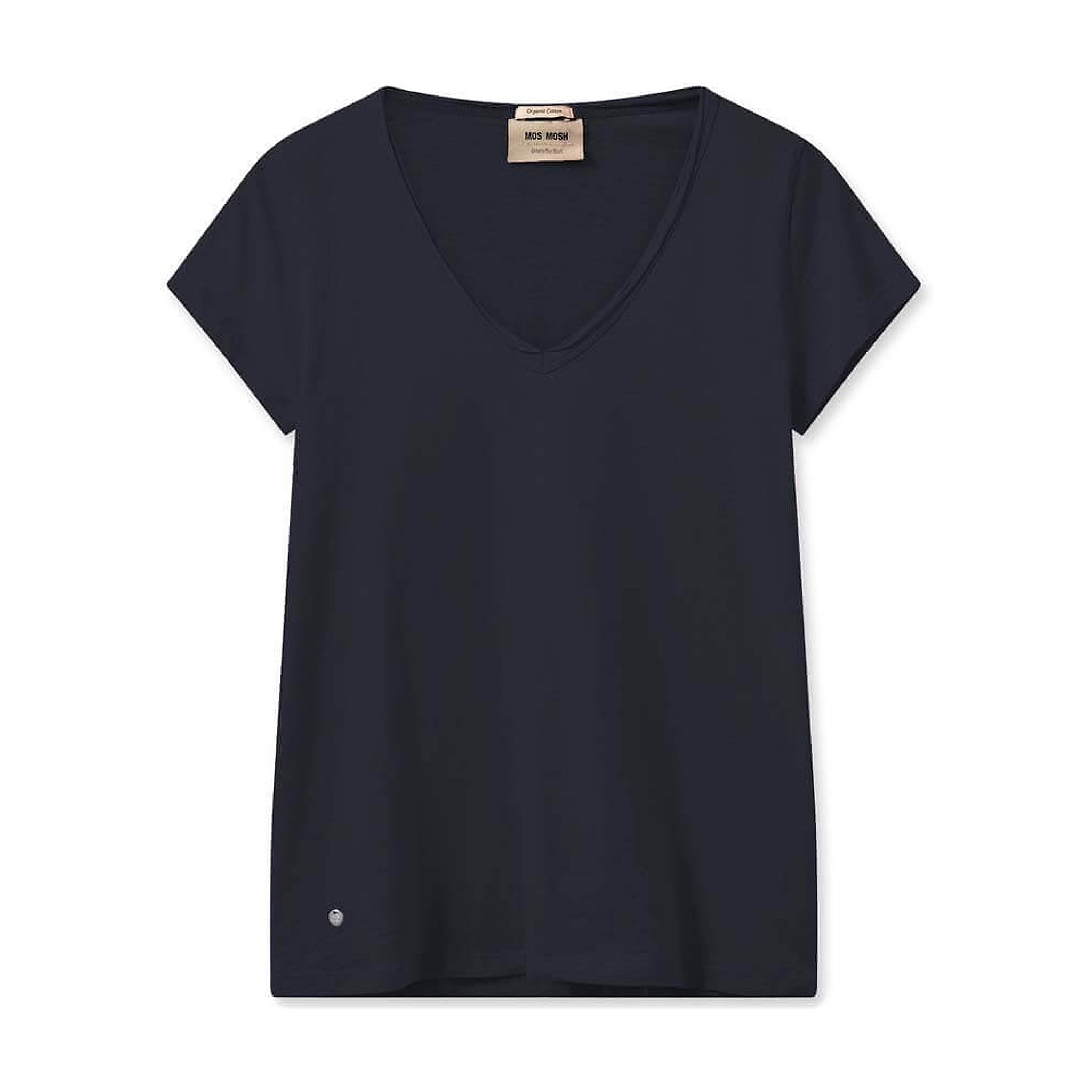 Navy t-shirt med v-hals og korte ærmer fra Mos Mosh set forfra med lille metaldetalje forneden