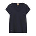 Navy t-shirt med v-hals og korte ærmer fra Mos Mosh set forfra med lille metaldetalje forneden