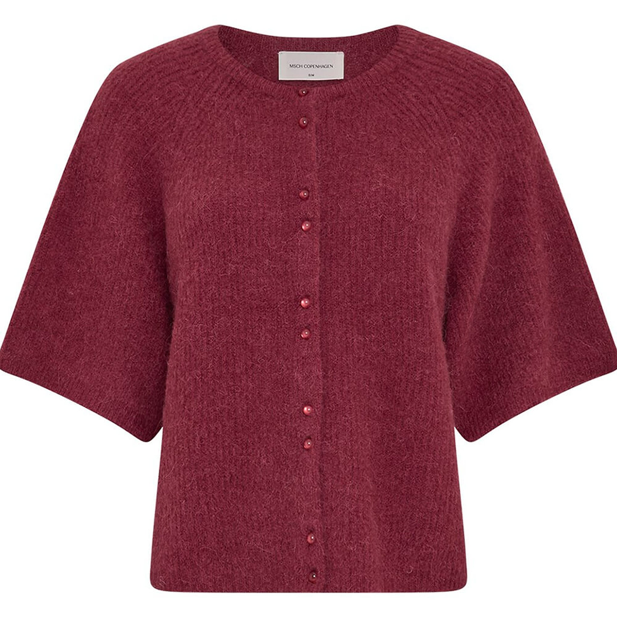 Pink kortærmet cardigan fra MSCH Copenhagen med rund hals og knapper foran, set forfra