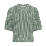Grøn kortærmet pullover fra MSCH Copenhagen i struktureret strik med rund hals og ribkanter, set forfra