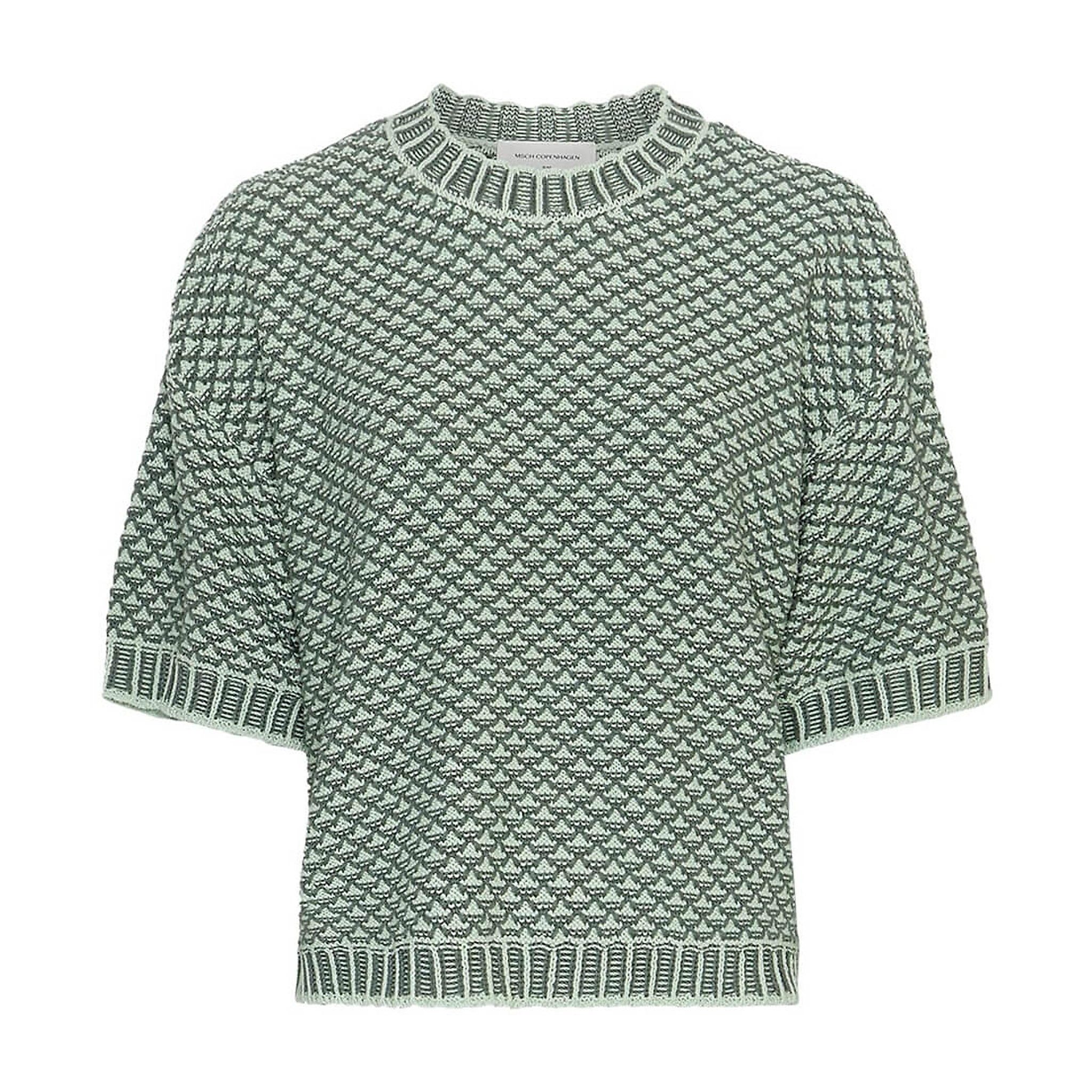Grøn kortærmet pullover fra MSCH Copenhagen i struktureret strik med rund hals og ribkanter, set forfra