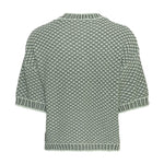 Grøn kortærmet strikpullover med mønster i mørk og lys grøn og ribkant i bunden, set bagfra