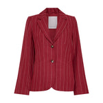 Rød nålestribet blazer i hør fra MSCH Copenhagen med beige striber, revers og to knapper set forfra