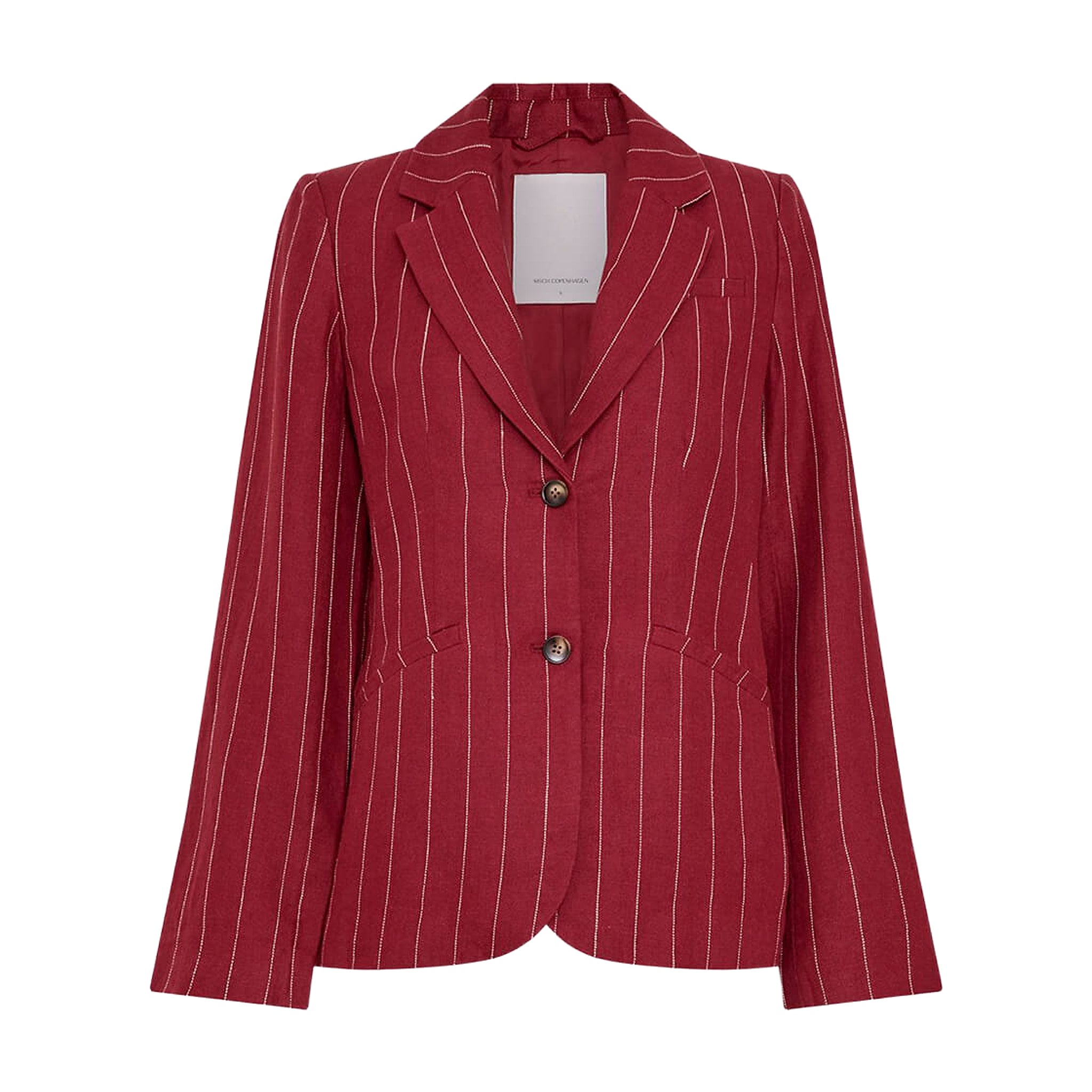 Rød nålestribet blazer i hør fra MSCH Copenhagen med beige striber, revers og to knapper set forfra
