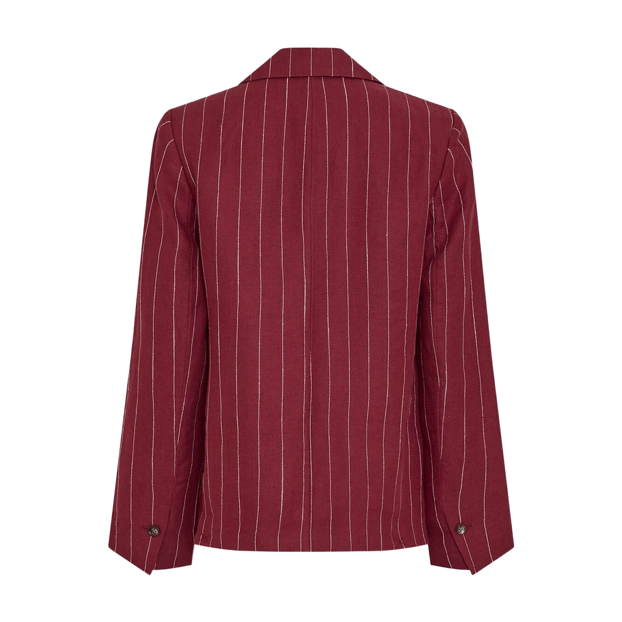 Rød nålestribet blazer i hør med beige striber set bagfra med knap ved ærmegabet