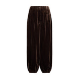 Brune Eila Pants i velour fra MSCH Copenhagen set forfra med læg, knap foran og elastik forneden