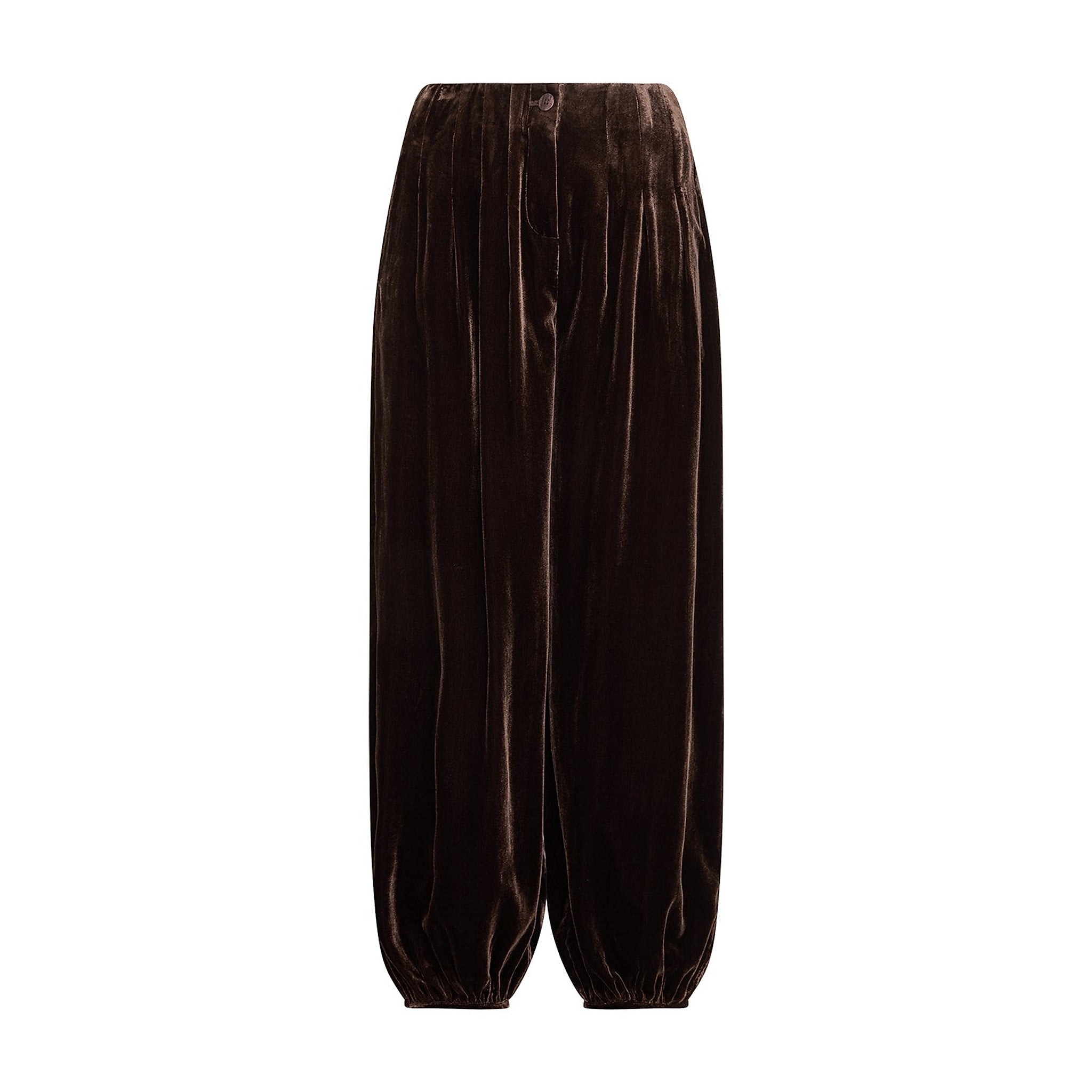 Brune Eila Pants i velour fra MSCH Copenhagen set forfra med læg, knap foran og elastik forneden