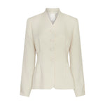 Beige Esteriane blazer fra MSCH Copenhagen forfra med V-hals uden revers, fire runde knapper og indsnævret talje