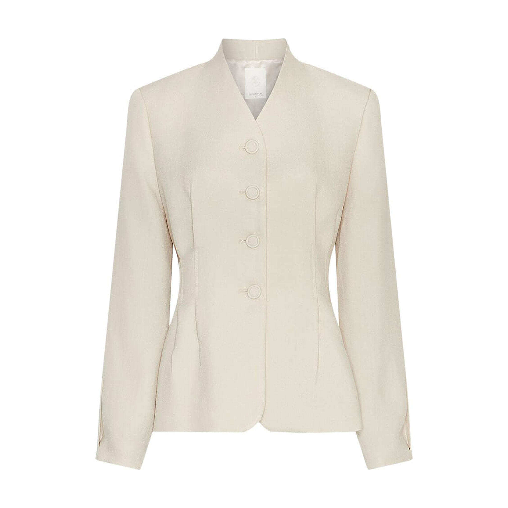 Beige Esteriane blazer fra MSCH Copenhagen forfra med V-hals uden revers, fire runde knapper og indsnævret talje