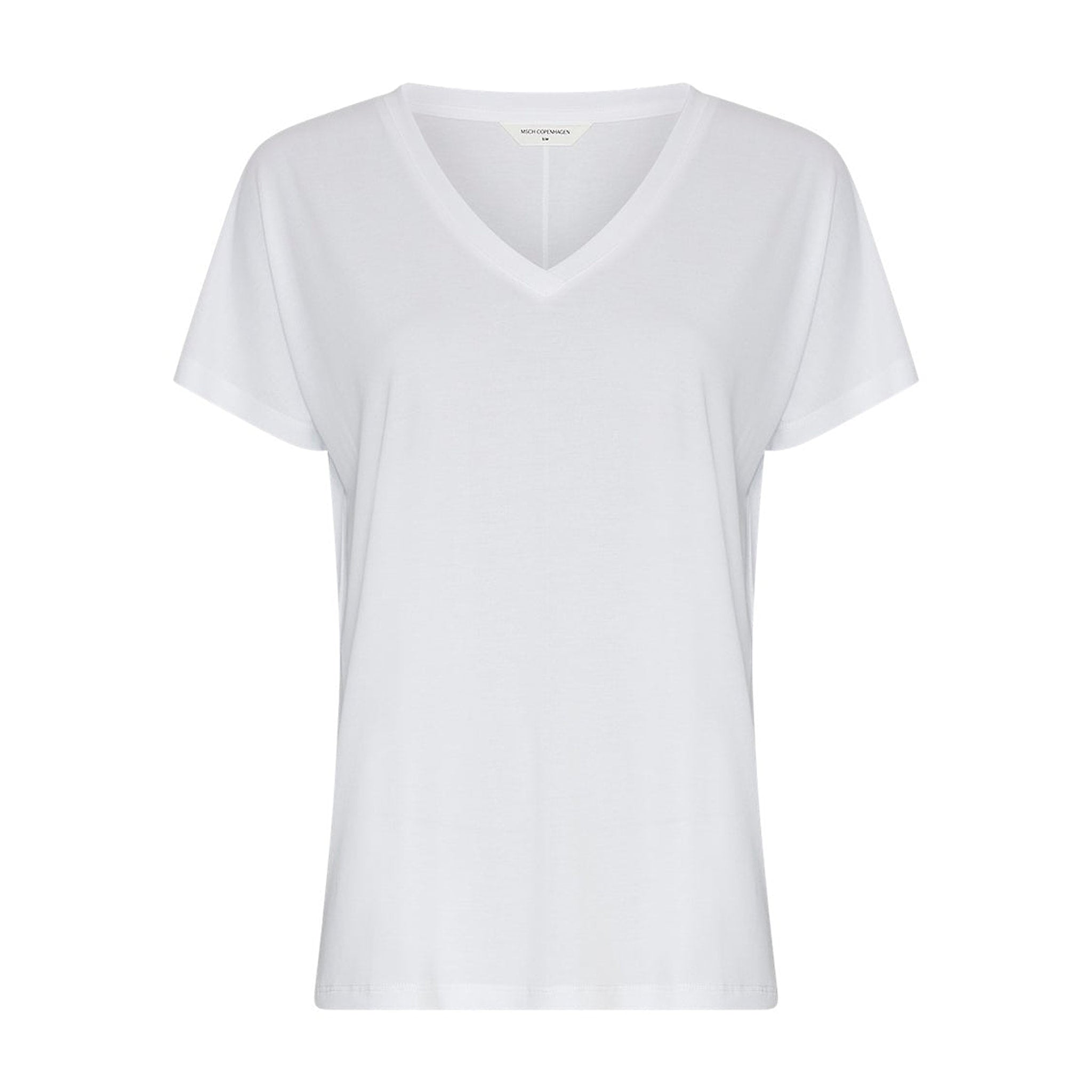 Hvid t-shirt med V-hals og korte ærmer fra MSCH Copenhagen set forfra