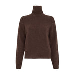 Brun strikket pullover med høj rullekrave og lange ærmer i farven Hot Fudge set forfra