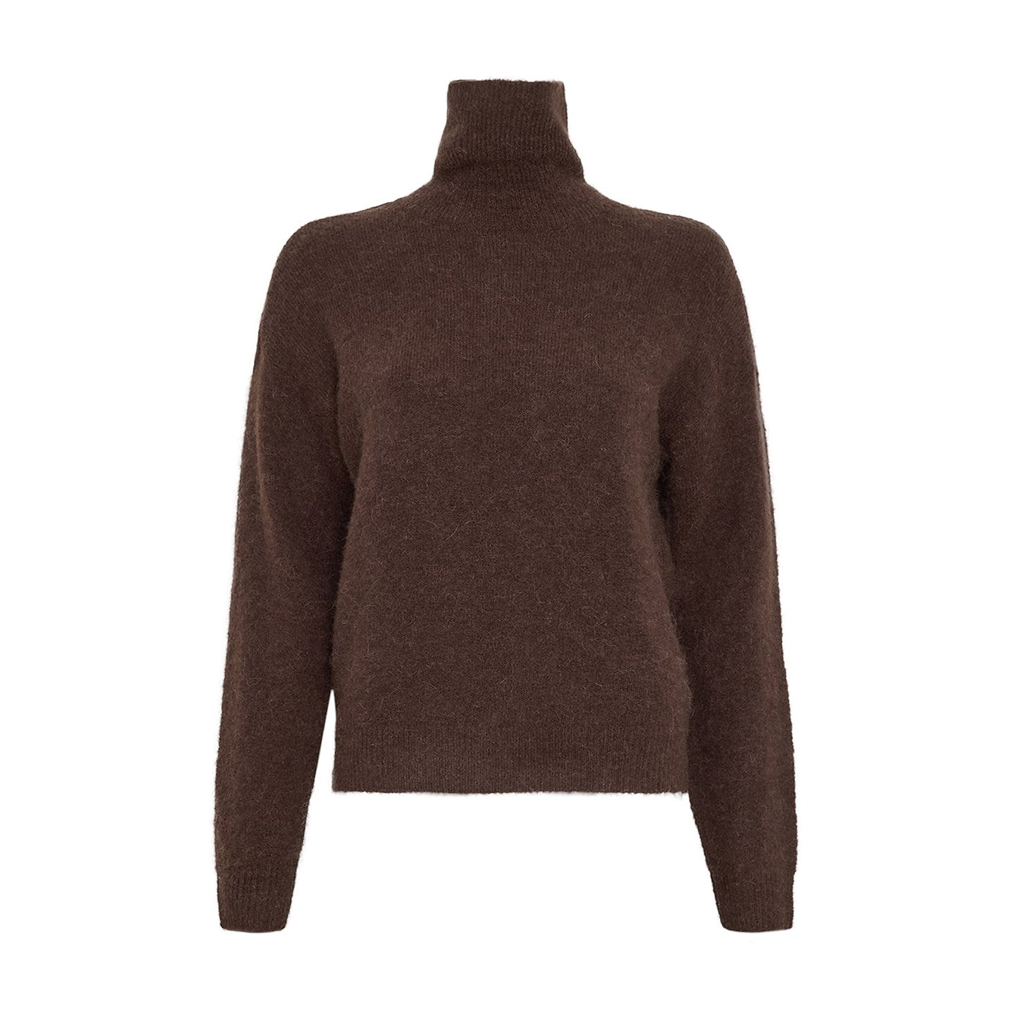 Brun strikket pullover med høj rullekrave og lange ærmer i farven Hot Fudge set forfra
