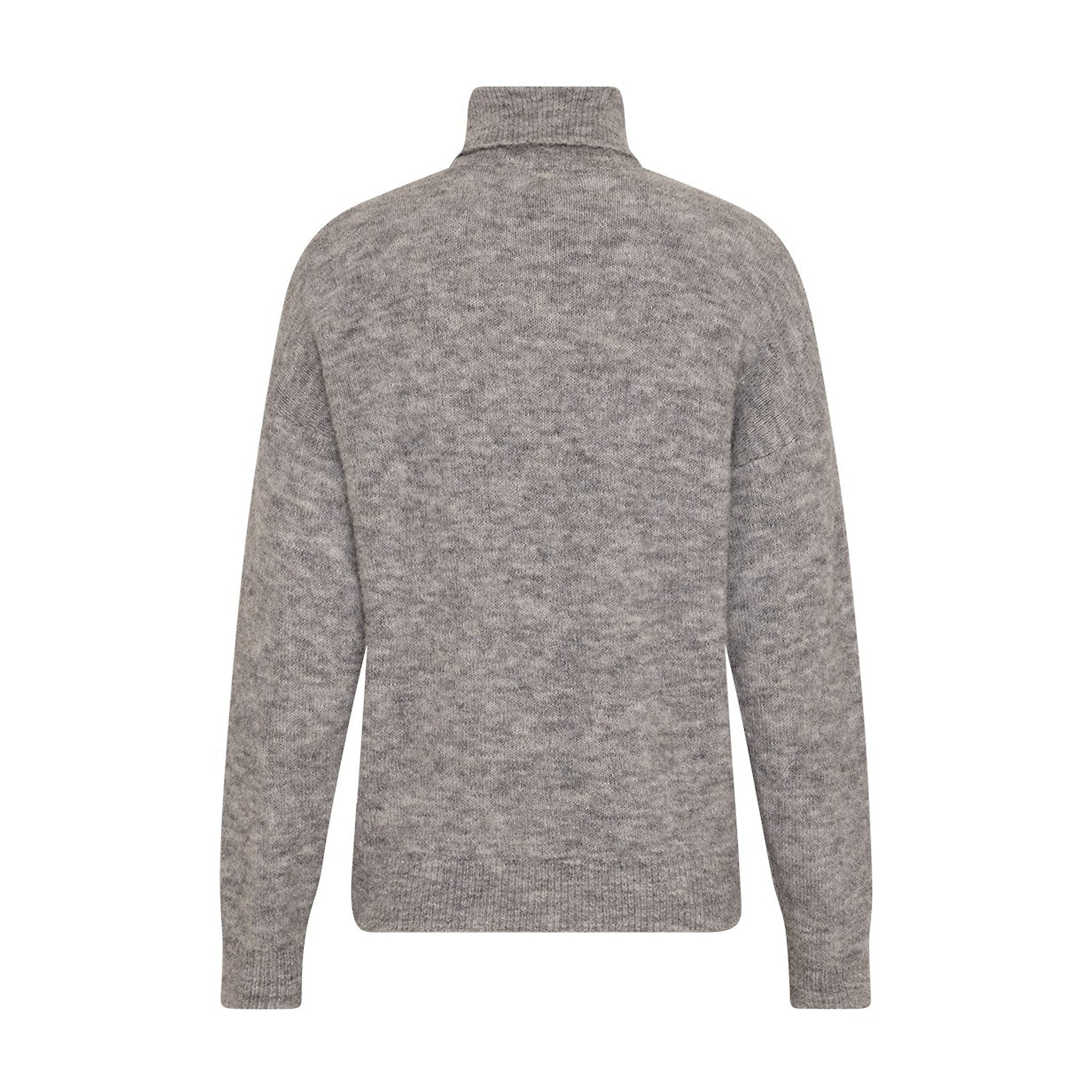Grå pullover med rullekrave og sænkede skuldre set bagfra