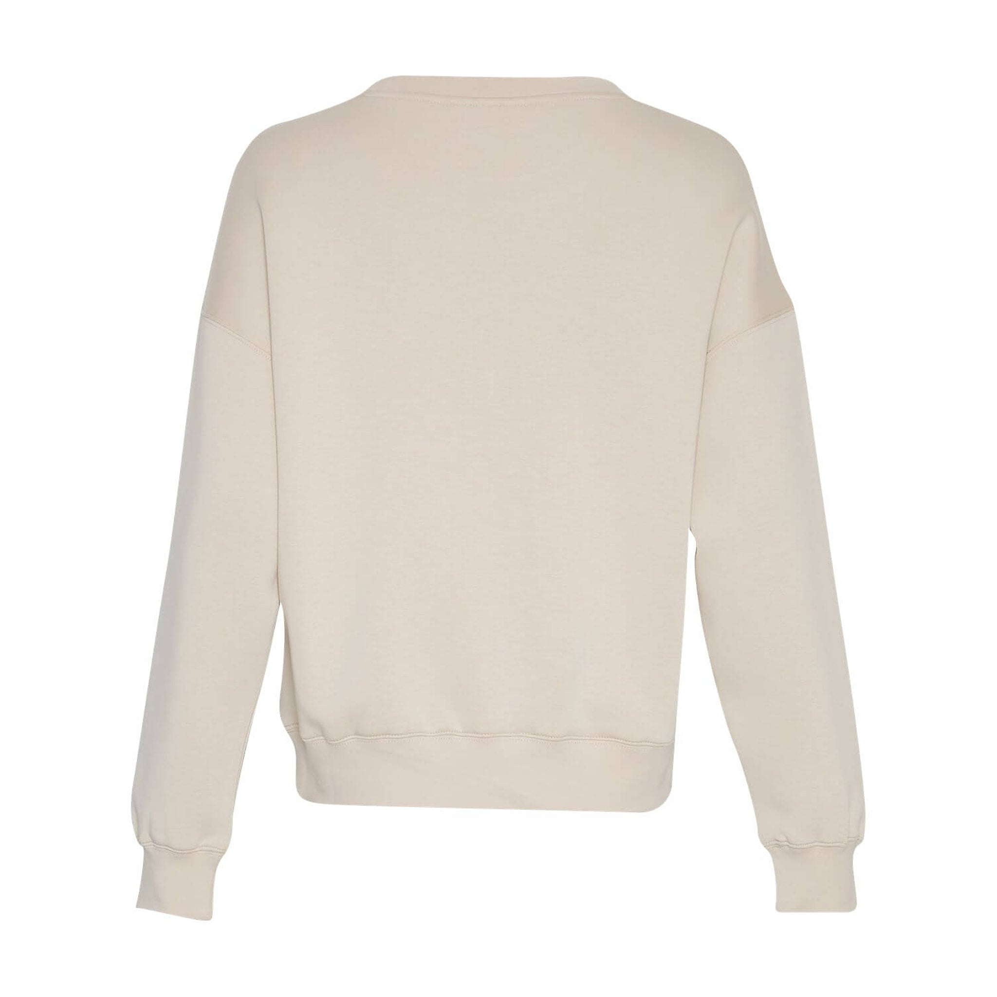 Beige sweatshirt Ima Q i Oatmeal fra MSCH Copenhagen set bagfra med nedfaldne skuldre og ribkant forneden