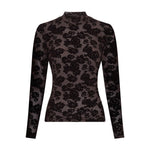 Brun transparent mesh top med blomstret flock print, rullekrave og lange ærmer set forfra