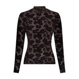 Brun transparent mesh top med blomstret flock print, rullekrave og lange ærmer set forfra