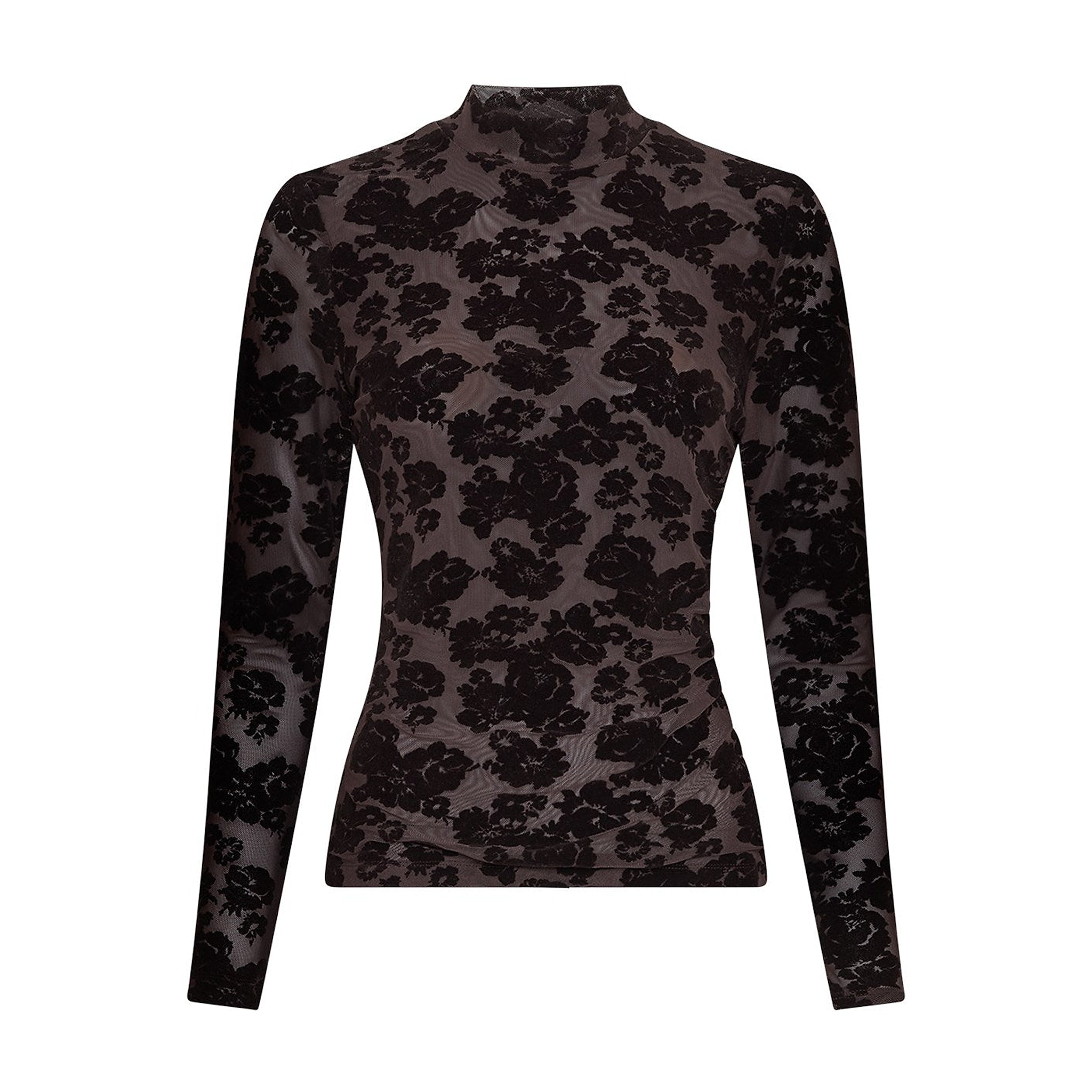 Brun transparent mesh top med blomstret flock print, rullekrave og lange ærmer set forfra