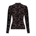 Brun transparent mesh top med blomstret flock print, rullekrave og lange ærmer set forfra