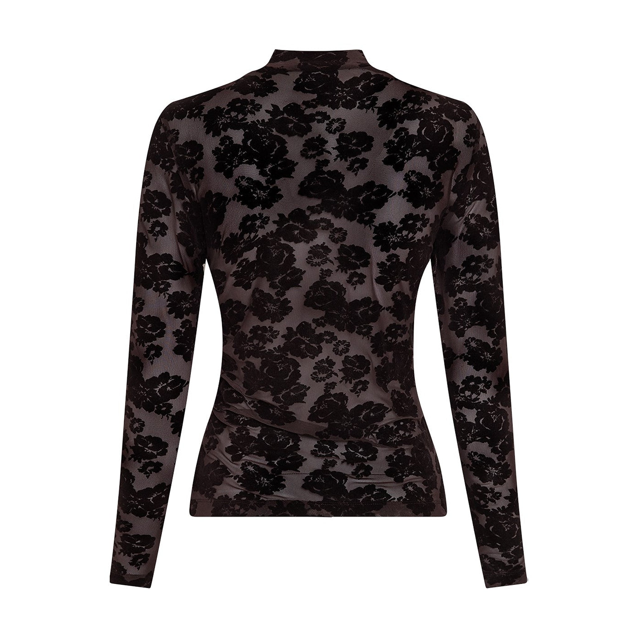Brun mesh top med blomstret flock print og lange ærmer set bagfra